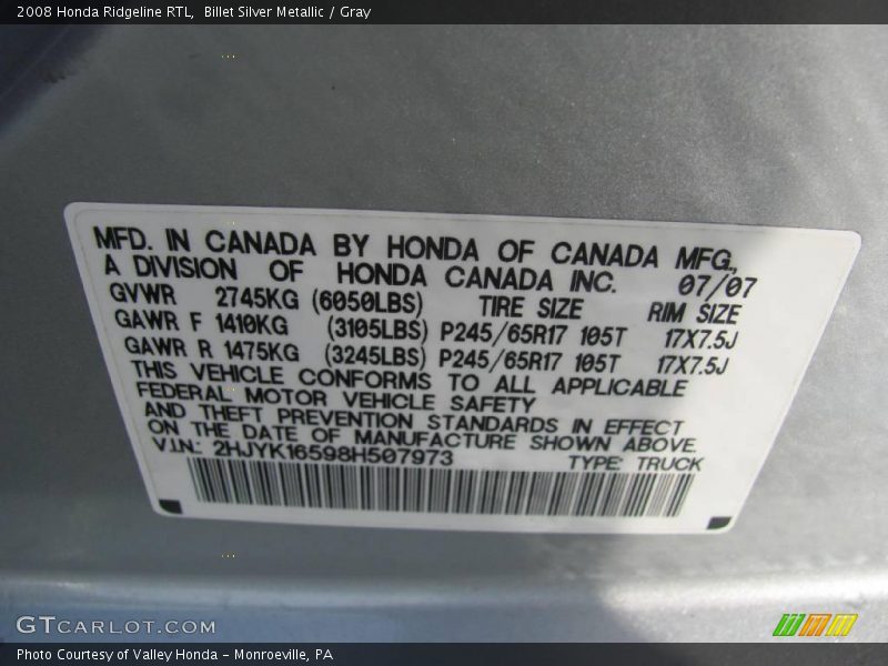Billet Silver Metallic / Gray 2008 Honda Ridgeline RTL