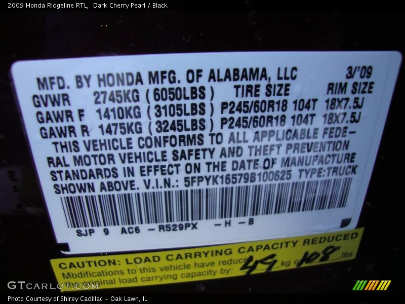Dark Cherry Pearl / Black 2009 Honda Ridgeline RTL