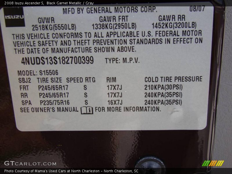 Black Garnet Metallic / Gray 2008 Isuzu Ascender S