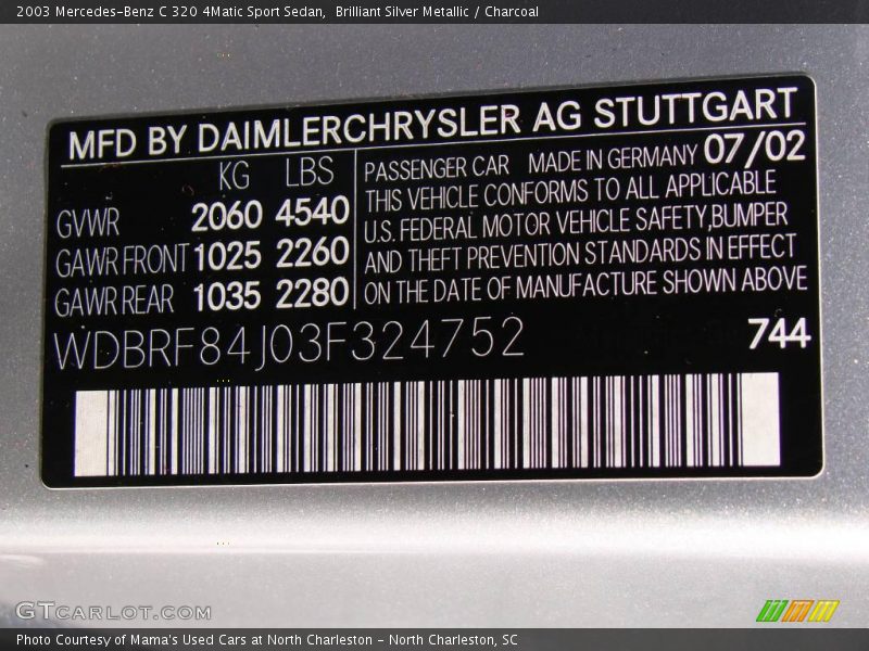 Brilliant Silver Metallic / Charcoal 2003 Mercedes-Benz C 320 4Matic Sport Sedan