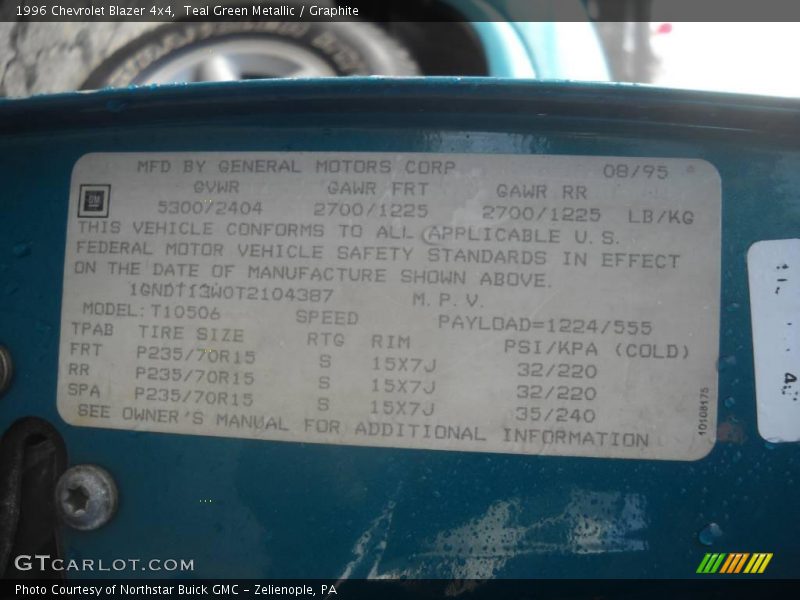 Teal Green Metallic / Graphite 1996 Chevrolet Blazer 4x4