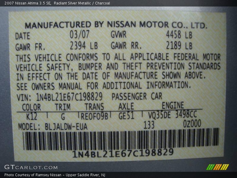 Radiant Silver Metallic / Charcoal 2007 Nissan Altima 3.5 SE
