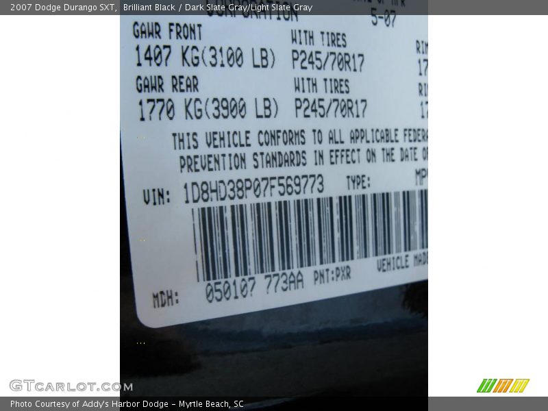 2007 Durango SXT Brilliant Black Color Code PXR
