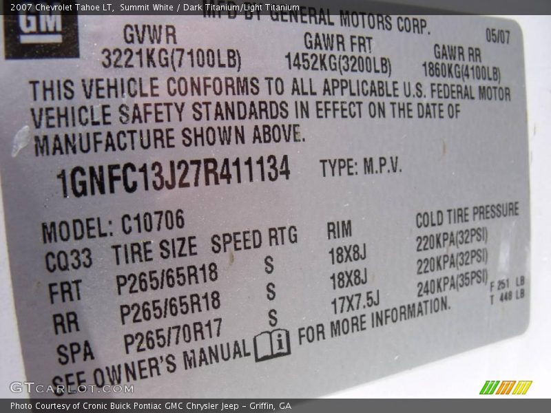 Summit White / Dark Titanium/Light Titanium 2007 Chevrolet Tahoe LT