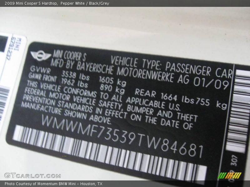 Pepper White / Black/Grey 2009 Mini Cooper S Hardtop
