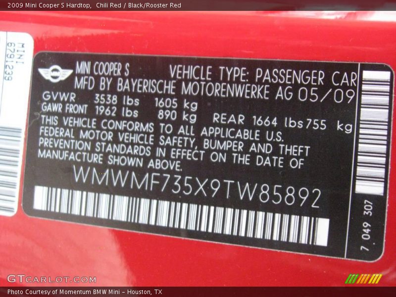Chili Red / Black/Rooster Red 2009 Mini Cooper S Hardtop