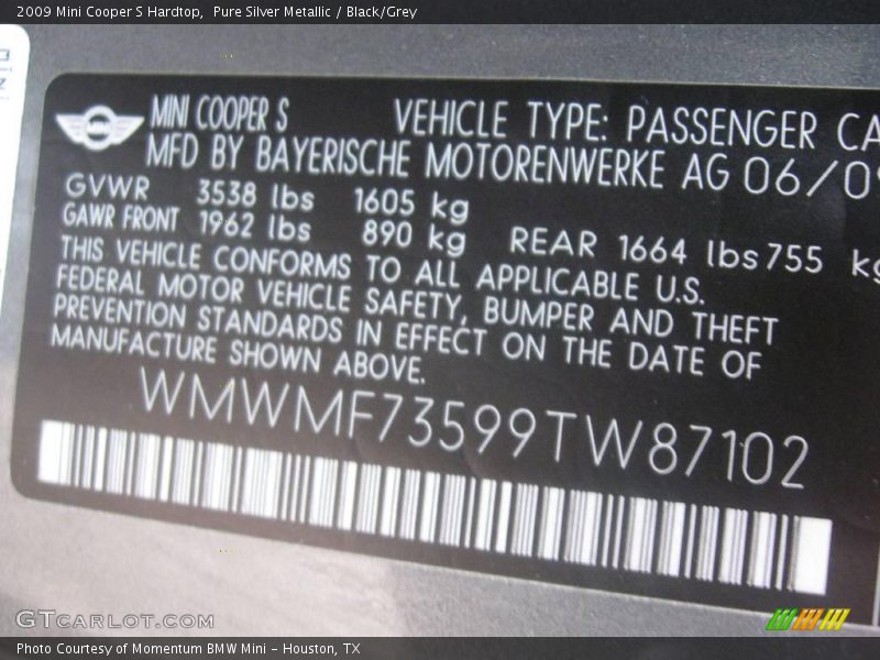 Pure Silver Metallic / Black/Grey 2009 Mini Cooper S Hardtop
