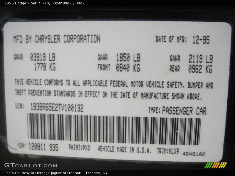 Viper Black / Black 1996 Dodge Viper RT-10