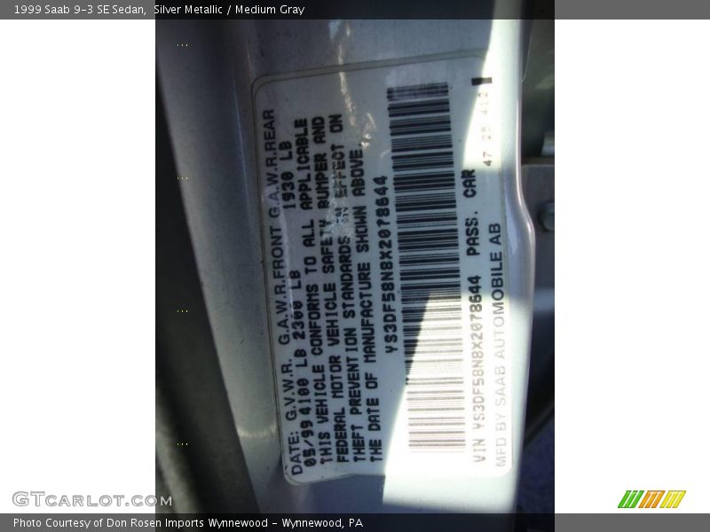 Silver Metallic / Medium Gray 1999 Saab 9-3 SE Sedan