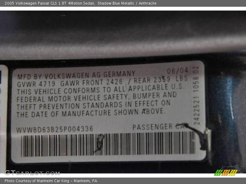 Shadow Blue Metallic / Anthracite 2005 Volkswagen Passat GLS 1.8T 4Motion Sedan