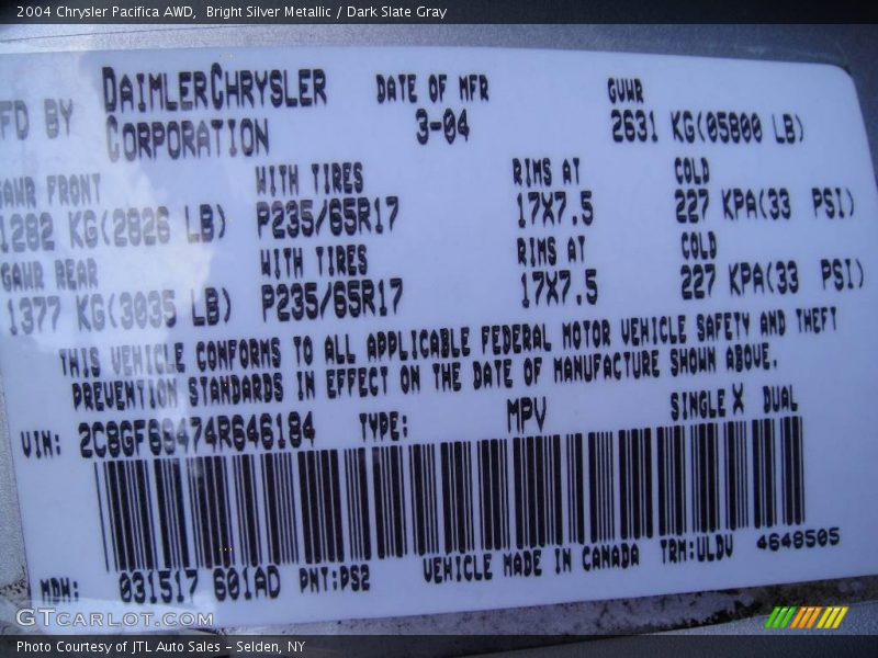 Bright Silver Metallic / Dark Slate Gray 2004 Chrysler Pacifica AWD