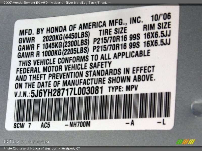 Alabaster Silver Metallic / Black/Titanium 2007 Honda Element EX AWD