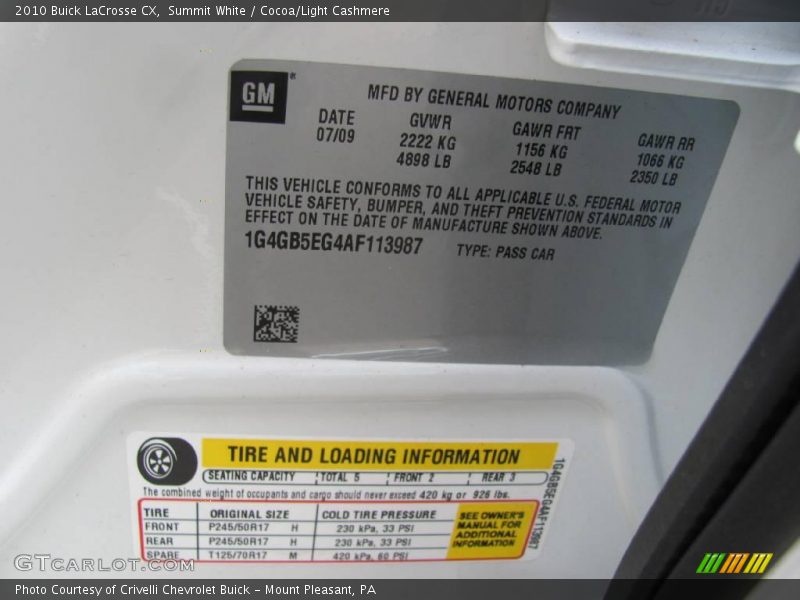 Summit White / Cocoa/Light Cashmere 2010 Buick LaCrosse CX