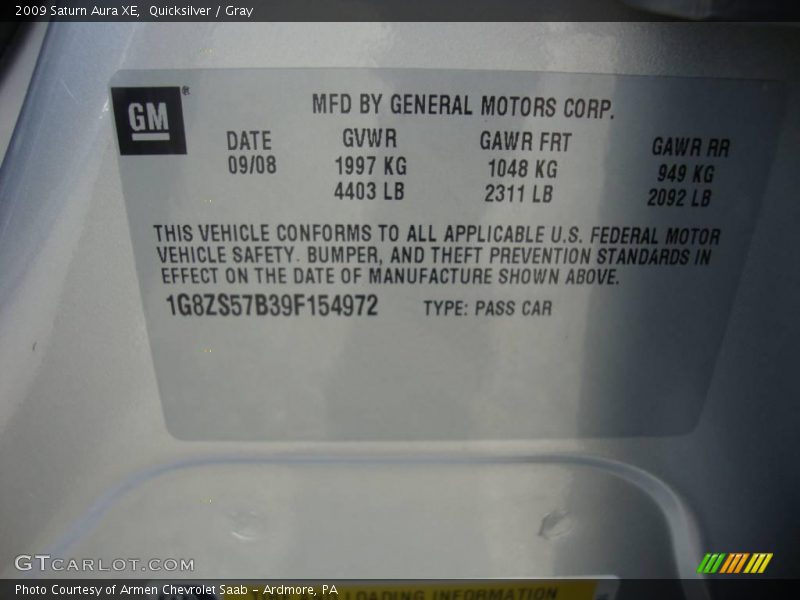 Quicksilver / Gray 2009 Saturn Aura XE