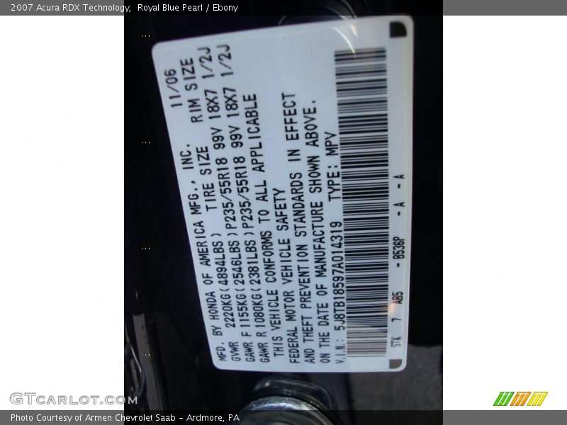Royal Blue Pearl / Ebony 2007 Acura RDX Technology