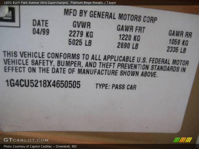 Platinum Beige Metallic / Taupe 1999 Buick Park Avenue Ultra Supercharged