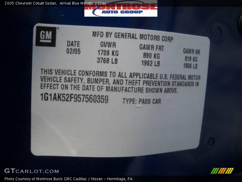 Arrival Blue Metallic / Gray 2005 Chevrolet Cobalt Sedan