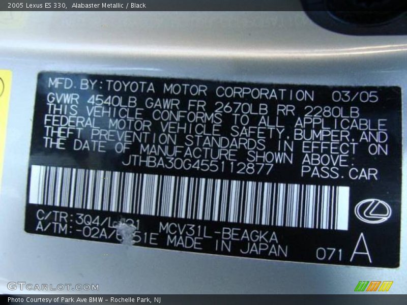 Alabaster Metallic / Black 2005 Lexus ES 330