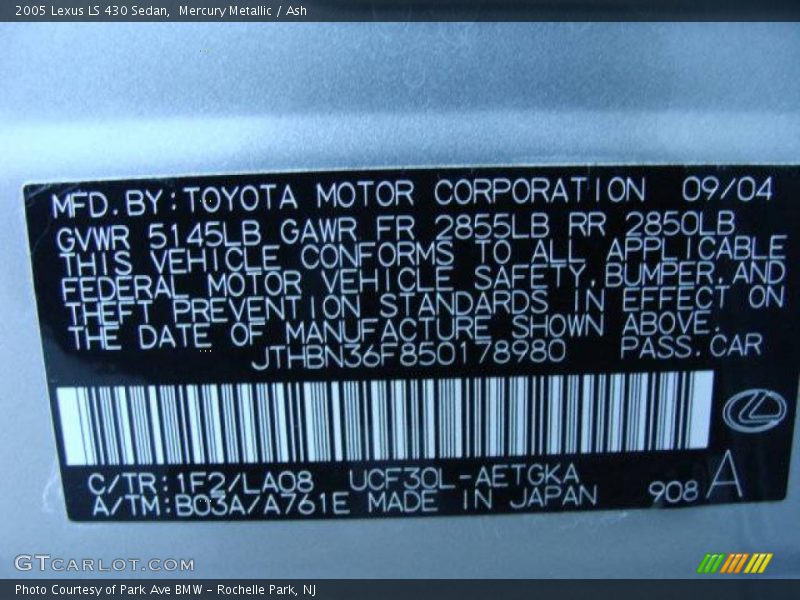 Mercury Metallic / Ash 2005 Lexus LS 430 Sedan