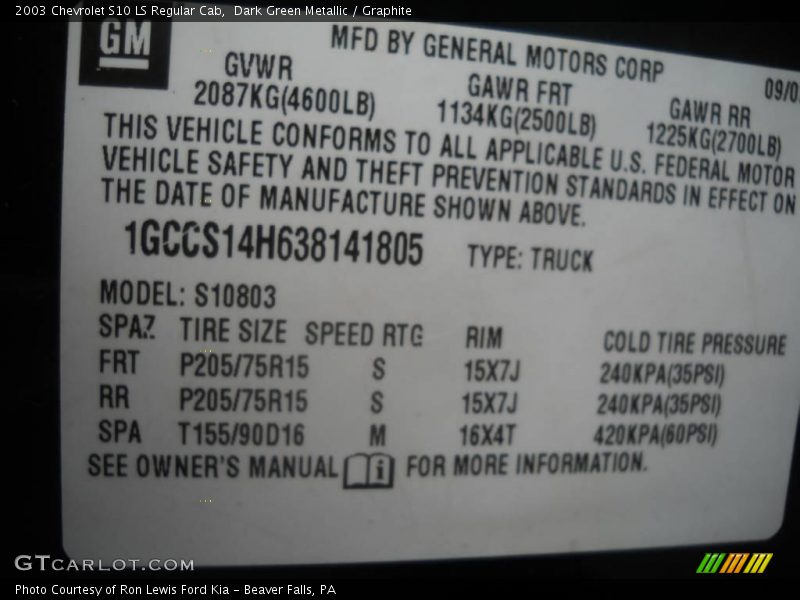 Dark Green Metallic / Graphite 2003 Chevrolet S10 LS Regular Cab