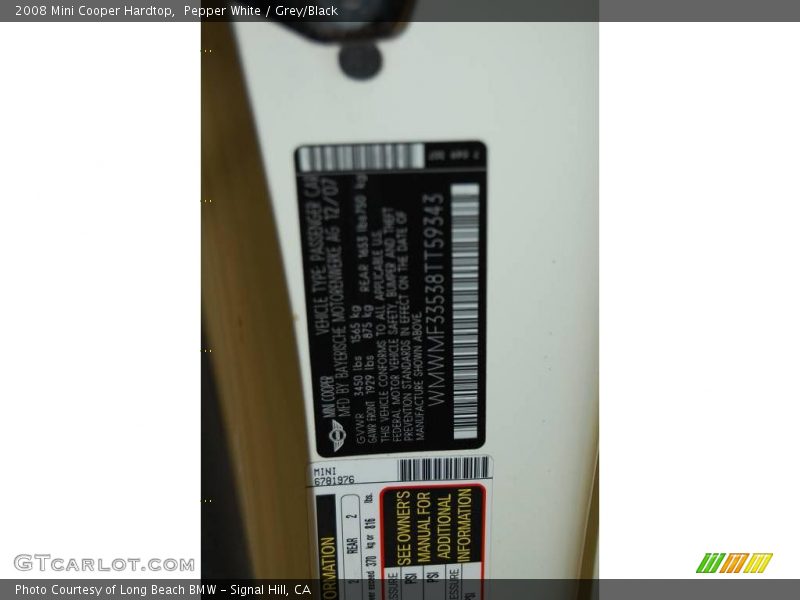 Pepper White / Grey/Black 2008 Mini Cooper Hardtop