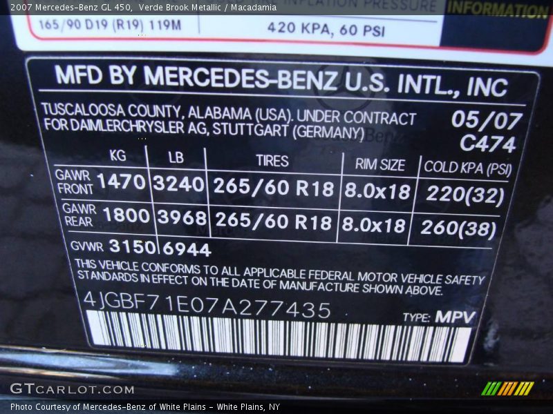 2007 GL 450 Verde Brook Metallic Color Code 474