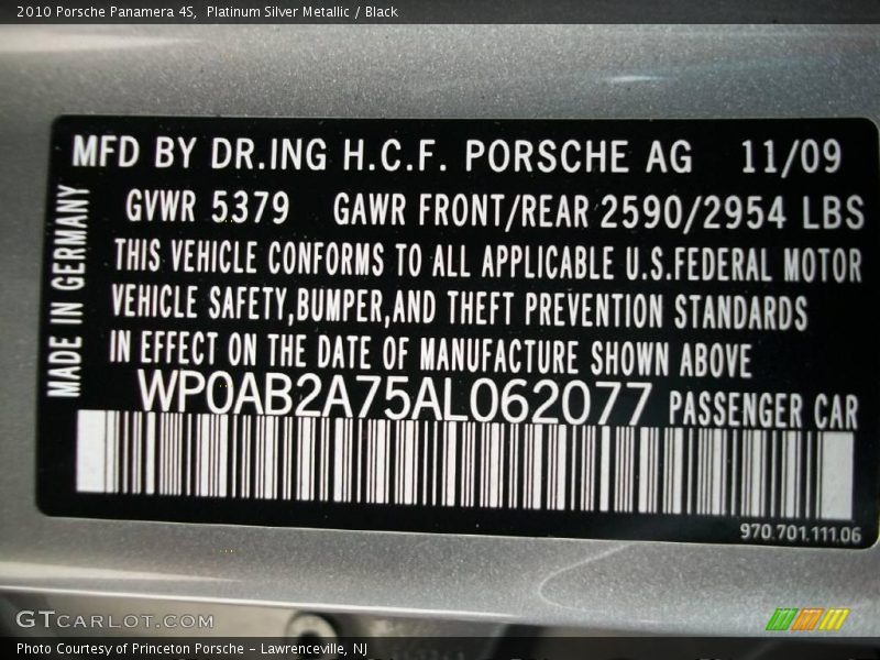 Platinum Silver Metallic / Black 2010 Porsche Panamera 4S