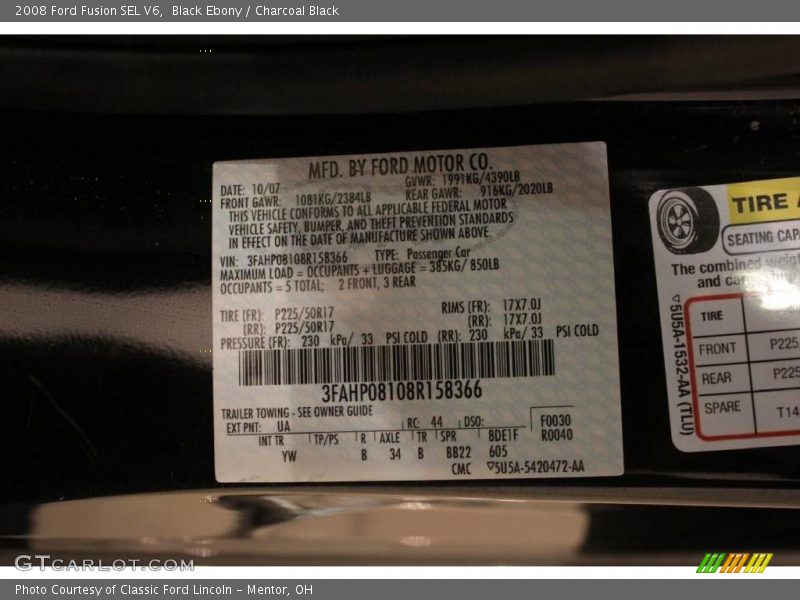 Black Ebony / Charcoal Black 2008 Ford Fusion SEL V6