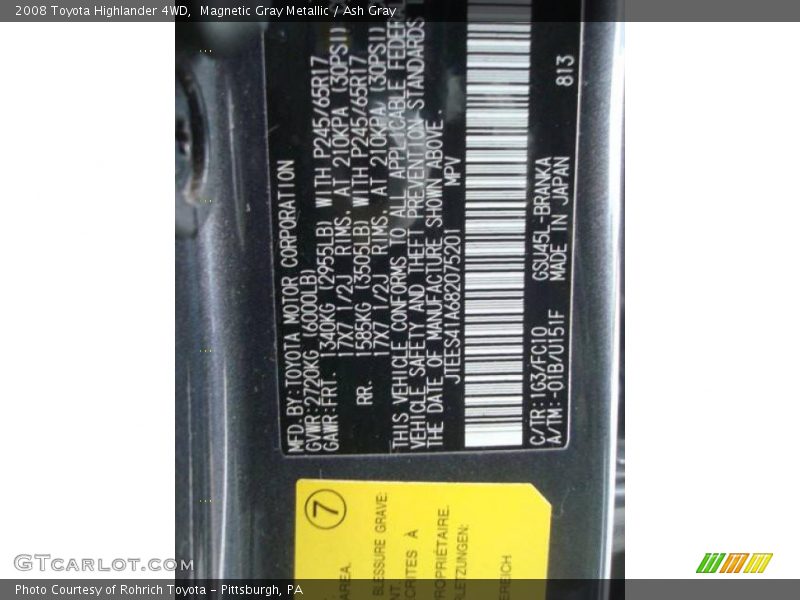 Magnetic Gray Metallic / Ash Gray 2008 Toyota Highlander 4WD