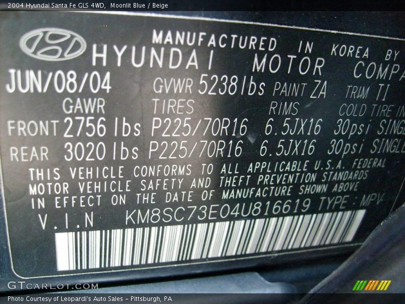 Moonlit Blue / Beige 2004 Hyundai Santa Fe GLS 4WD