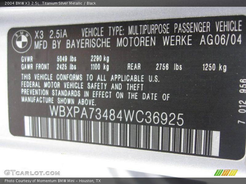 Titanium Silver Metallic / Black 2004 BMW X3 2.5i