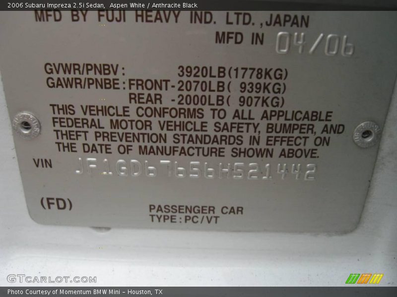 Aspen White / Anthracite Black 2006 Subaru Impreza 2.5i Sedan