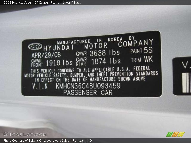 Platinum Silver / Black 2008 Hyundai Accent GS Coupe