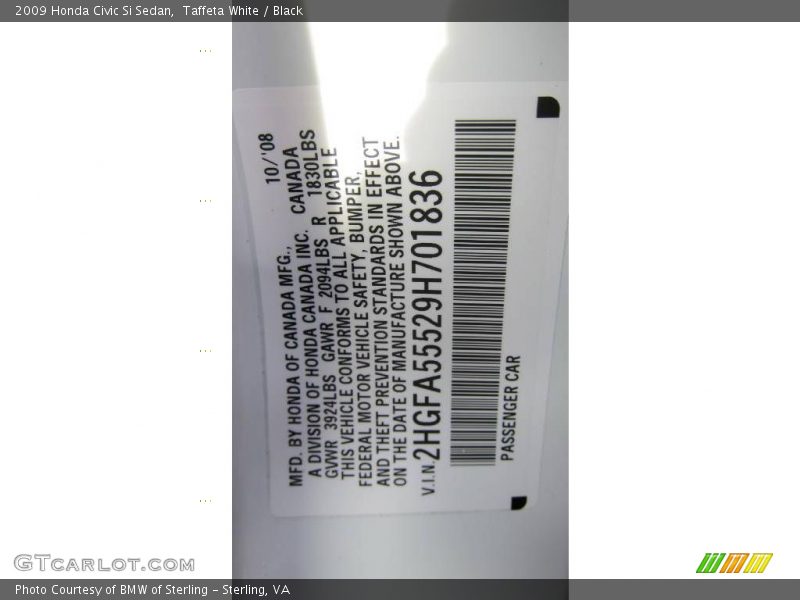 Taffeta White / Black 2009 Honda Civic Si Sedan
