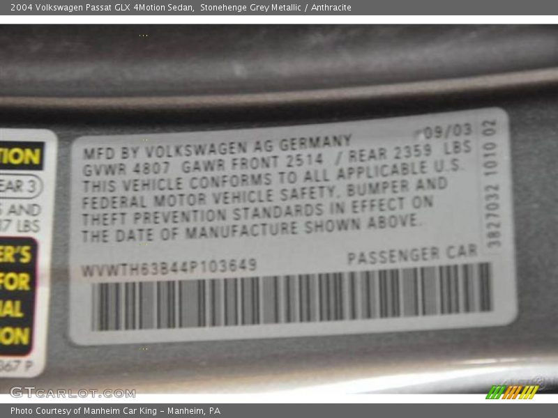 Stonehenge Grey Metallic / Anthracite 2004 Volkswagen Passat GLX 4Motion Sedan