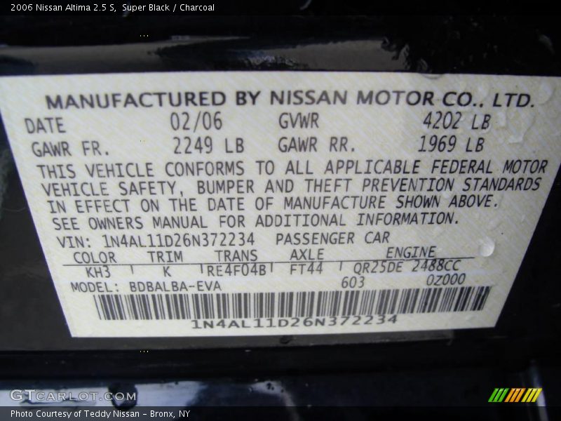 Super Black / Charcoal 2006 Nissan Altima 2.5 S