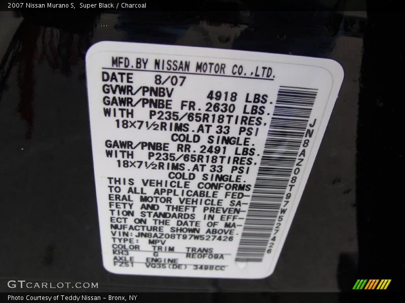 Super Black / Charcoal 2007 Nissan Murano S