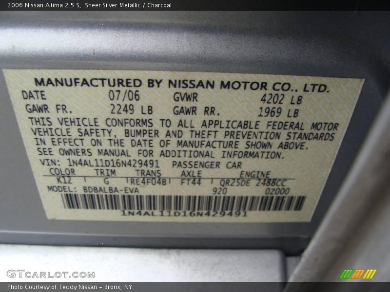 Sheer Silver Metallic / Charcoal 2006 Nissan Altima 2.5 S