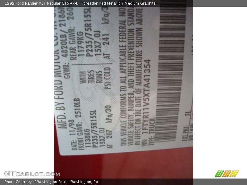 Toreador Red Metallic / Medium Graphite 1999 Ford Ranger XLT Regular Cab 4x4