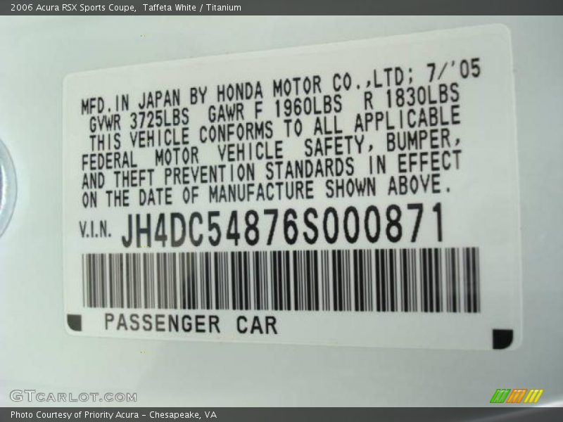 Taffeta White / Titanium 2006 Acura RSX Sports Coupe