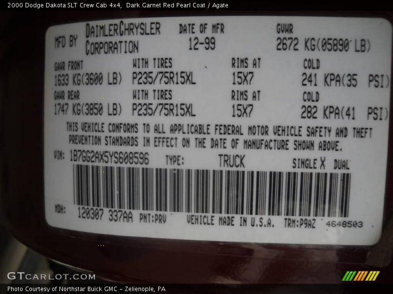 Dark Garnet Red Pearl Coat / Agate 2000 Dodge Dakota SLT Crew Cab 4x4