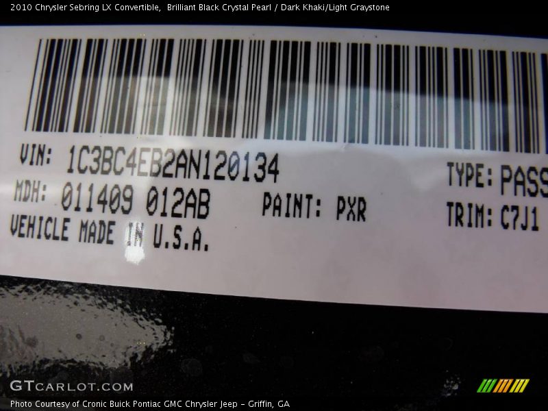 Brilliant Black Crystal Pearl / Dark Khaki/Light Graystone 2010 Chrysler Sebring LX Convertible