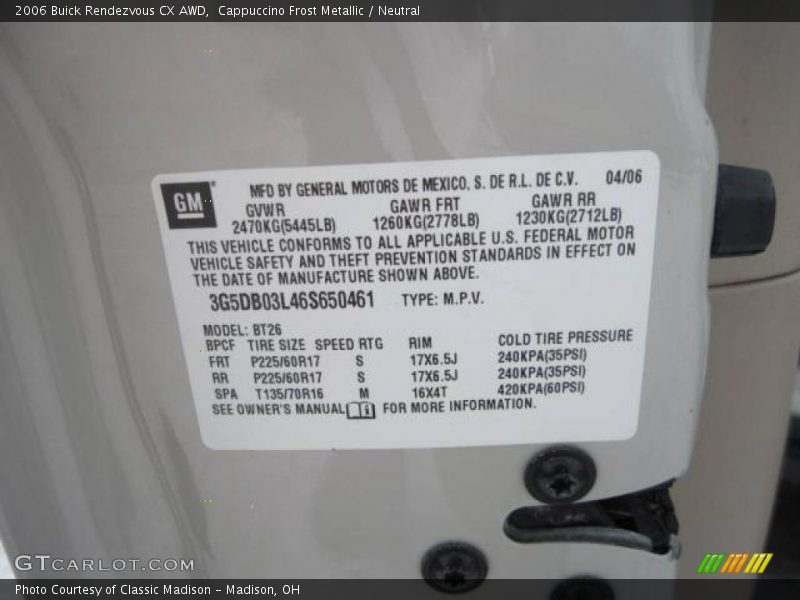 Cappuccino Frost Metallic / Neutral 2006 Buick Rendezvous CX AWD