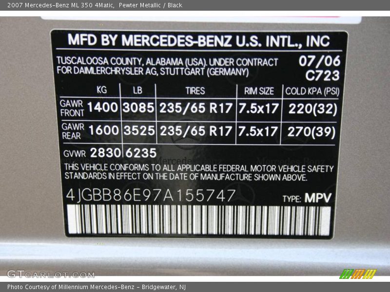 Pewter Metallic / Black 2007 Mercedes-Benz ML 350 4Matic
