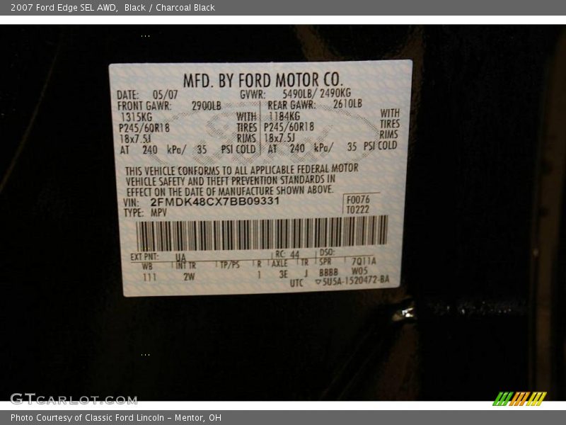 Black / Charcoal Black 2007 Ford Edge SEL AWD