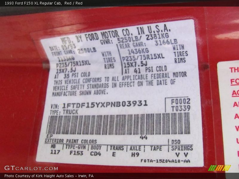 Red / Red 1993 Ford F150 XL Regular Cab