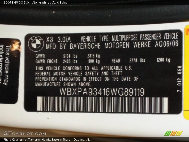 Alpine White / Sand Beige 2006 BMW X3 3.0i
