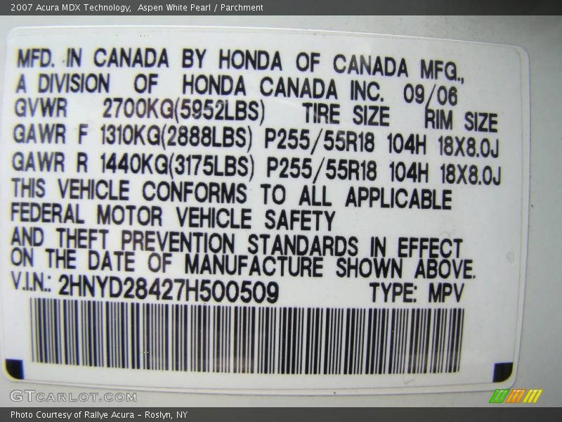 Aspen White Pearl / Parchment 2007 Acura MDX Technology