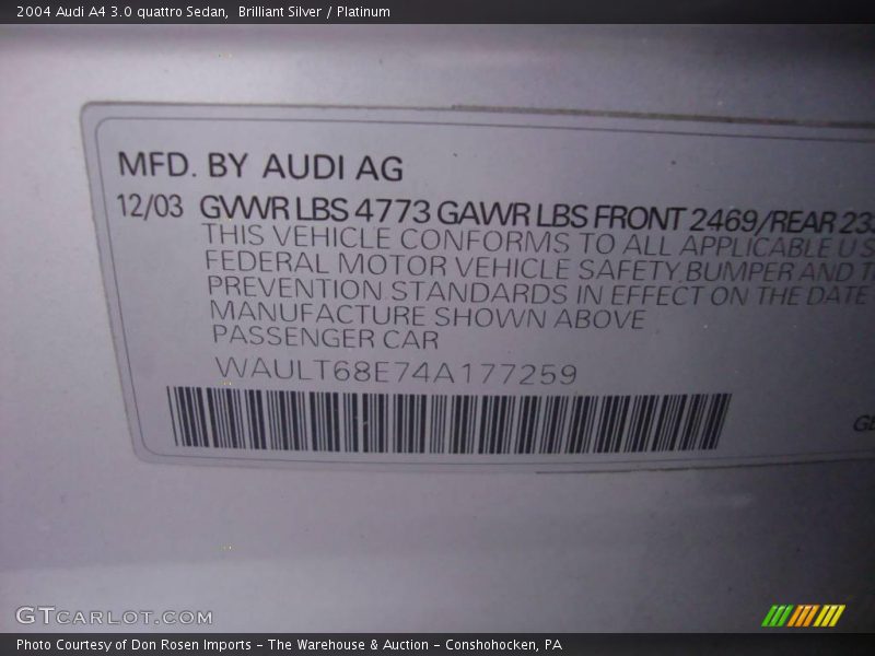 Brilliant Silver / Platinum 2004 Audi A4 3.0 quattro Sedan