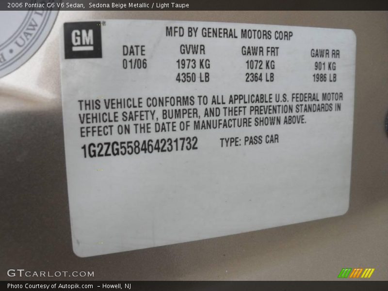 Sedona Beige Metallic / Light Taupe 2006 Pontiac G6 V6 Sedan
